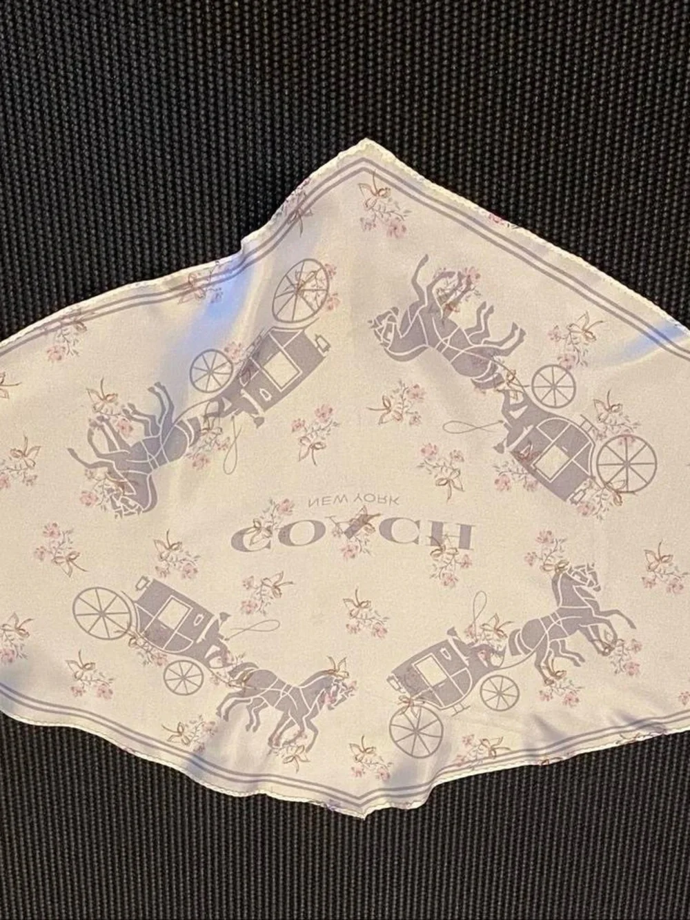 Coach Silk Scarf with Lilac Carriage and Pink Floral Motif - Picture 4 of 7